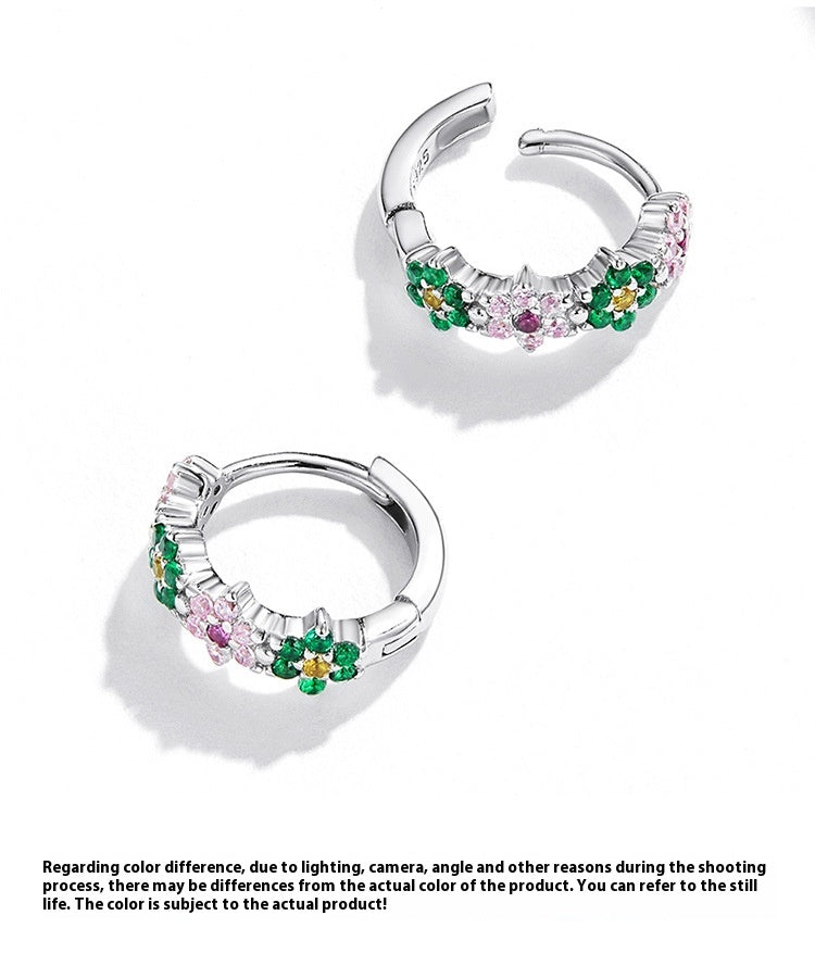 Sterling Silver Flower Hoop Earrings S925, Delicate Floral Zircon Huggie Earrings, White Gold Plated Bridal Jewelry Gift for Her