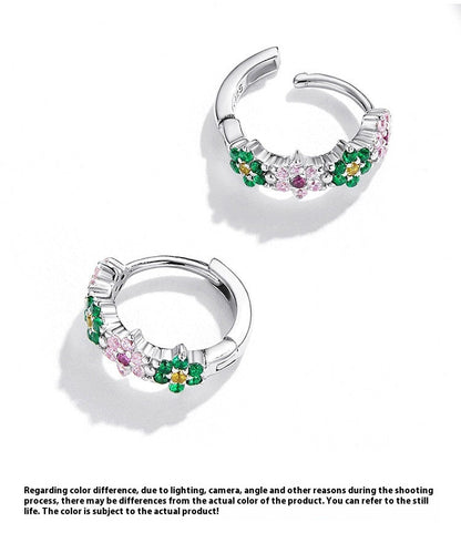 Sterling Silver Flower Hoop Earrings S925, Delicate Floral Zircon Huggie Earrings, White Gold Plated Bridal Jewelry Gift for Her