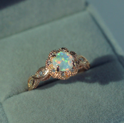 Platinum Round Opal Flower Ring in Sterling Silver | Floral Opal Platinum Ring | October Birthstone Gift for Her