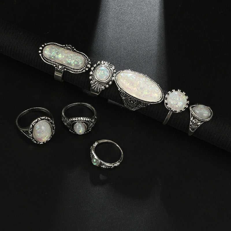 8 Piece Green Opal Boho Stacking Ring Set in Sterling Silver | Stackable Boho Opal Rings | October Birthstone Gift for Her