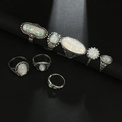 8 Piece Green Opal Boho Stacking Ring Set in Sterling Silver | Stackable Boho Opal Rings | October Birthstone Gift for Her