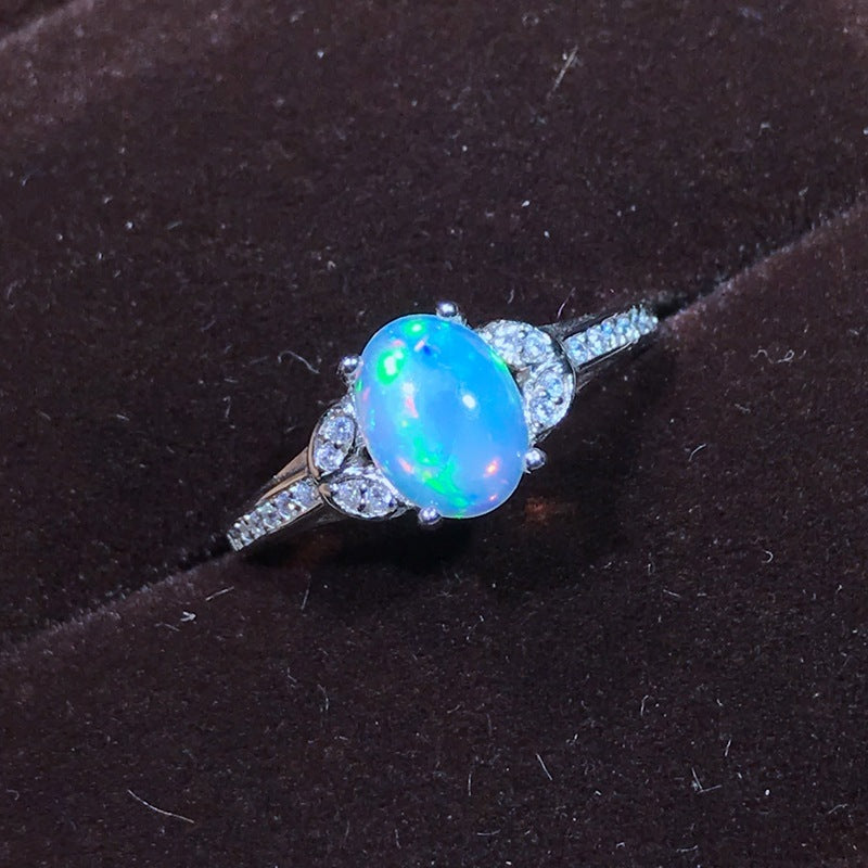 Floral Natural Opal Ring in 925 Sterling Silver | 6x8mm Opal Flower Design Ring | October Birthstone Gift for Her
