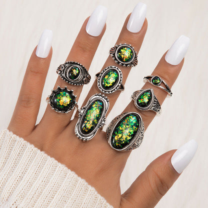 8 Piece Green Opal Boho Stacking Ring Set in Sterling Silver | Stackable Boho Opal Rings | October Birthstone Gift for Her
