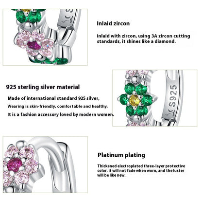 Sterling Silver Flower Hoop Earrings S925, Delicate Floral Zircon Huggie Earrings, White Gold Plated Bridal Jewelry Gift for Her