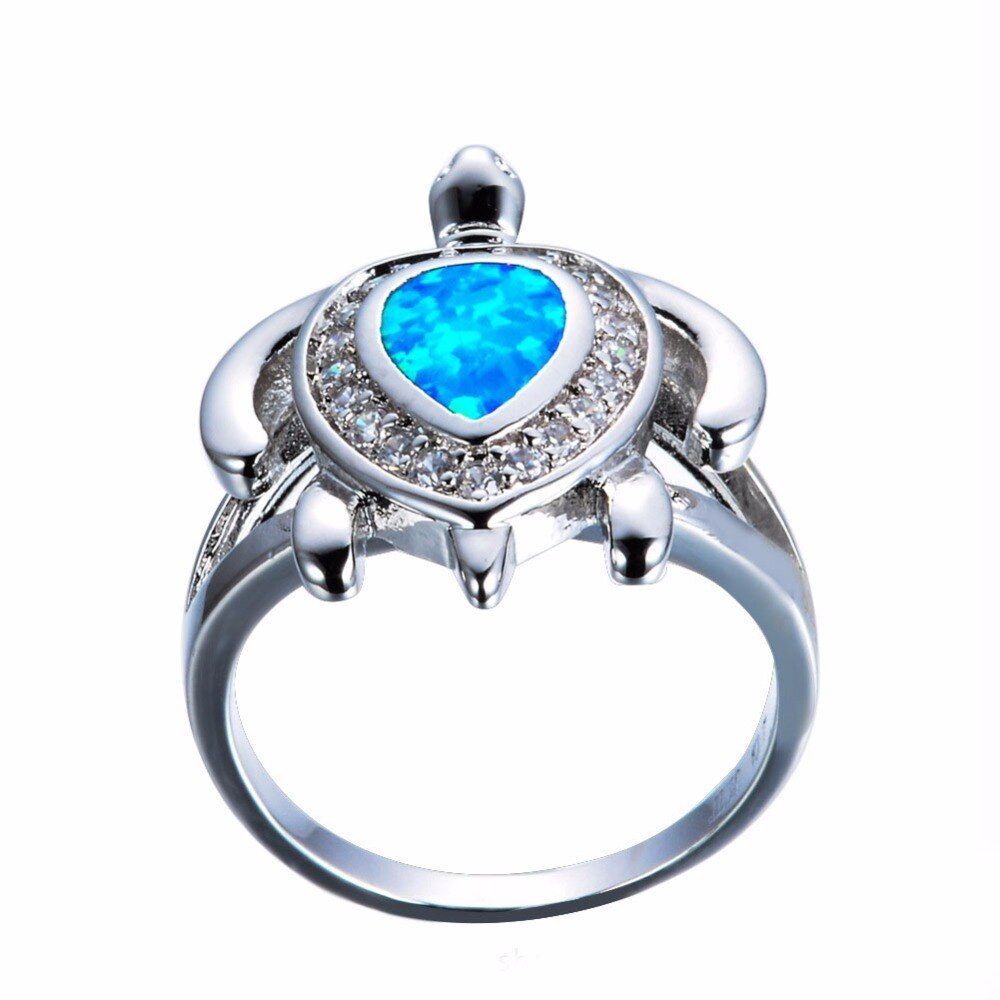 White Fire Opal Turtle Ring in Sterling Silver | Ocean Turtle Opal Ring | October Birthstone Gift for Her