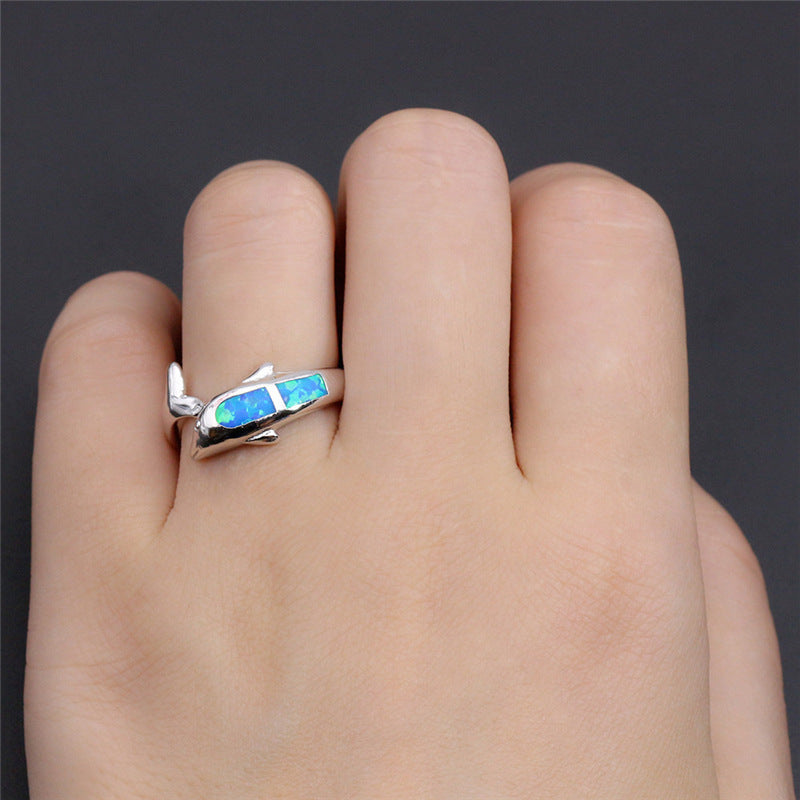 Opal Dolphin Ring in Sterling Silver | Playful Ocean Dolphin Opal Ring | October Birthstone Gift for Her