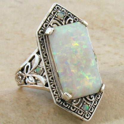 Square White Multi Fire Opal Ring in Antique Silver | Vintage Statement Opal Ring | October Birthstone Gift for Her
