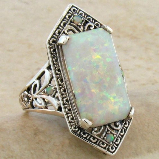 Square White Multi Fire Opal Ring in Antique Silver | Vintage Statement Opal Ring | October Birthstone Gift for Her