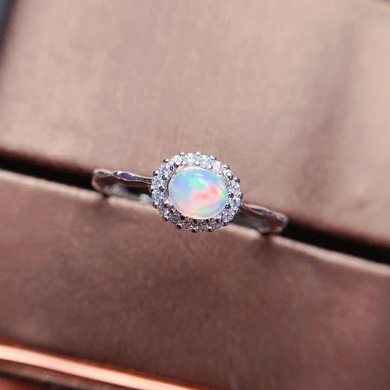Oval Opal Adjustable Halo Ring in 925 Sterling Silver White Gold | Bridal Evening Gift for Her