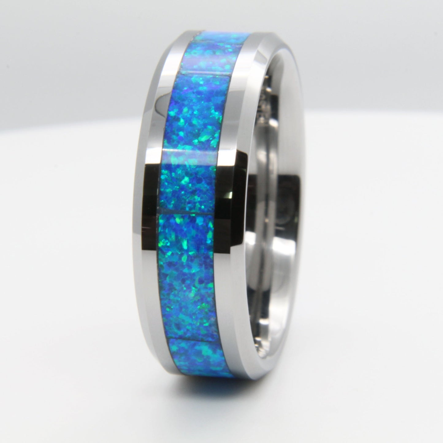 Blue Opal Tungsten Gold Ring | Durable Blue Opal Inlay Wedding Band | Anniversary Gift for Him and Her