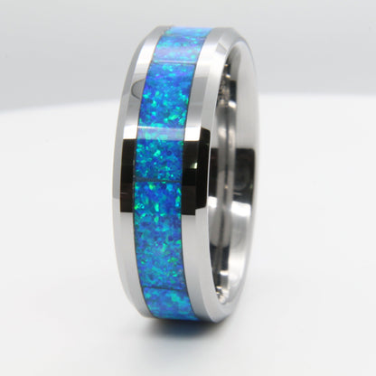 Blue Opal Tungsten Gold Ring | Durable Blue Opal Inlay Wedding Band | Anniversary Gift for Him and Her