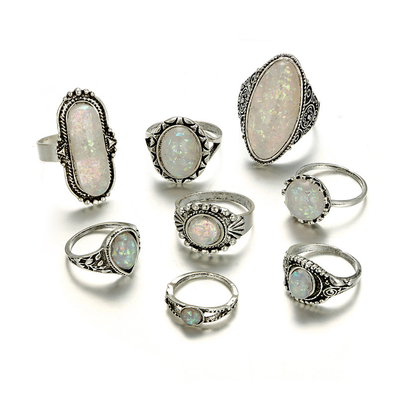 8 Piece Green Opal Boho Stacking Ring Set in Sterling Silver | Stackable Boho Opal Rings | October Birthstone Gift for Her