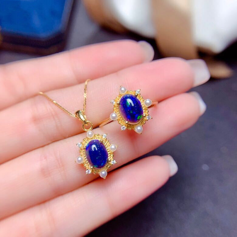 Silver Blue Opal Ring and Pendant Set | Matching Opal Jewelry Set | October Birthstone Gift for Her