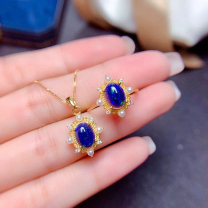 Silver Blue Opal Ring and Pendant Set | Matching Opal Jewelry Set | October Birthstone Gift for Her