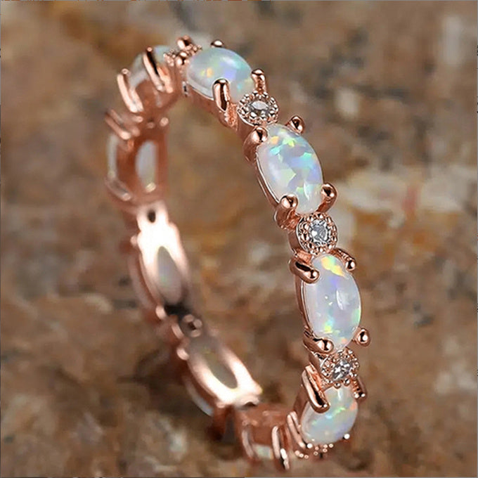 Oval Opal Eternity Ring in 925 Sterling Silver | Platinum and Champagne Gold Opal Ring | Gift for Her