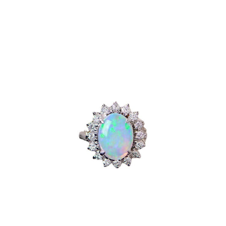 Oval Opal Halo Ring in 925 Sterling Silver White Gold | October Birthstone Engagement Gift for Her