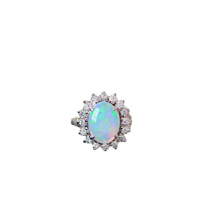 Oval Opal Halo Ring in 925 Sterling Silver White Gold | October Birthstone Engagement Gift for Her