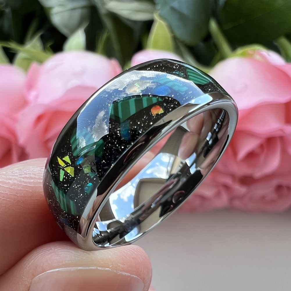8mm Galaxy Broken Opal Inlay Tungsten Ring | Black Tungsten Wedding Band | Anniversary Gift for Him and Her