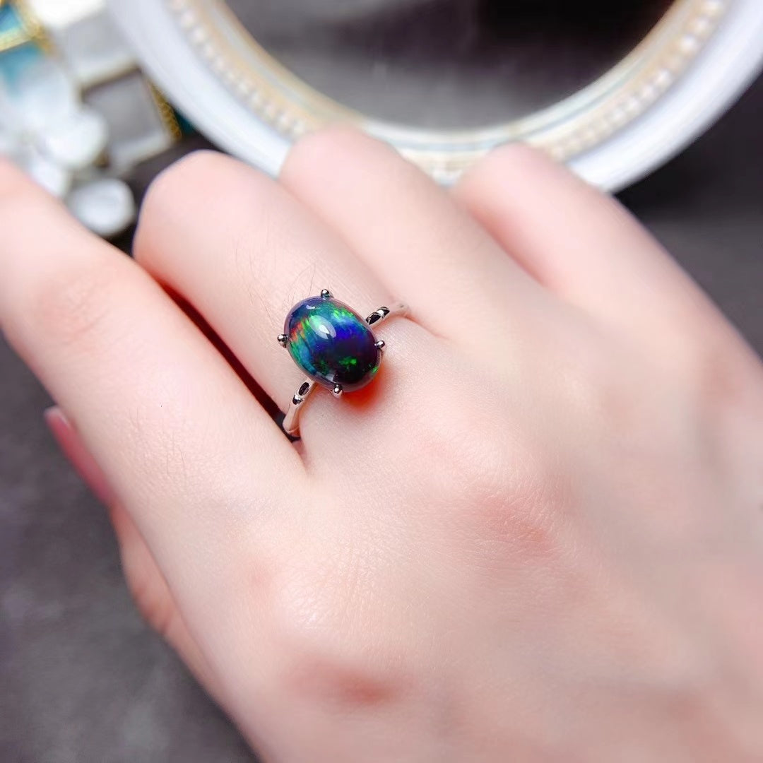 Delicate Mosaic Natural Black Opal Ring in 925 Sterling Silver | Rare Black Opal Ring | October Birthstone Gift for Her