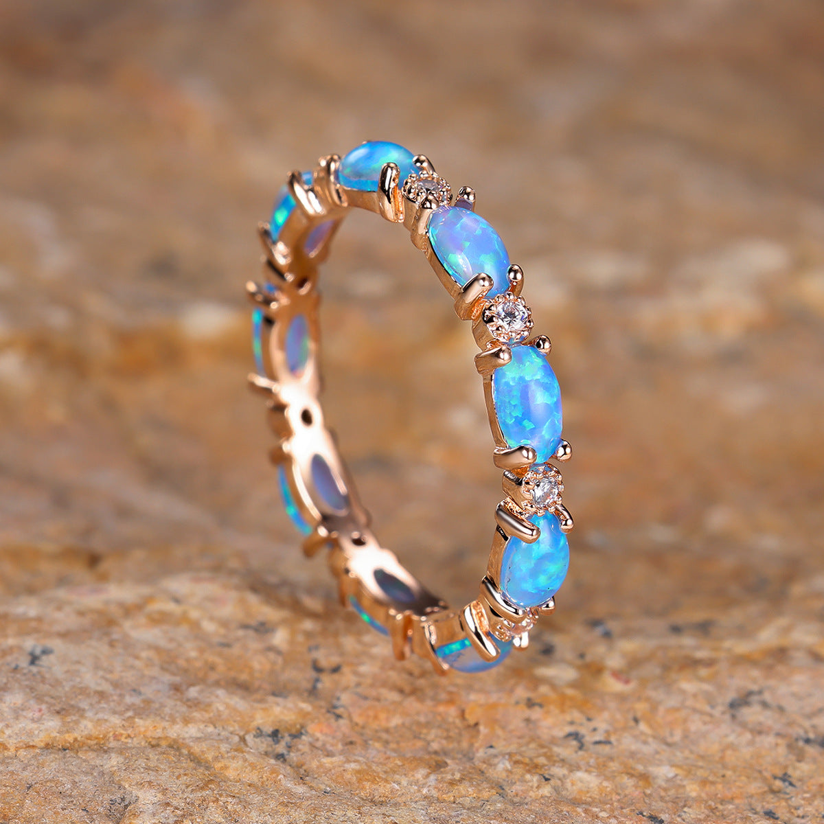 Oval Opal Eternity Ring in 925 Sterling Silver | Platinum and Champagne Gold Opal Ring | Gift for Her