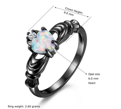 Heart Opal Crown Black Ring | Royal Heart Opal Statement Ring | October Birthstone Gift for Her