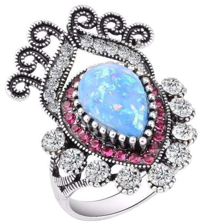 Blue Opal White Crystal Flower Ring in Sterling Silver | Floral Opal Crystal Ring | October Birthstone Gift for Her