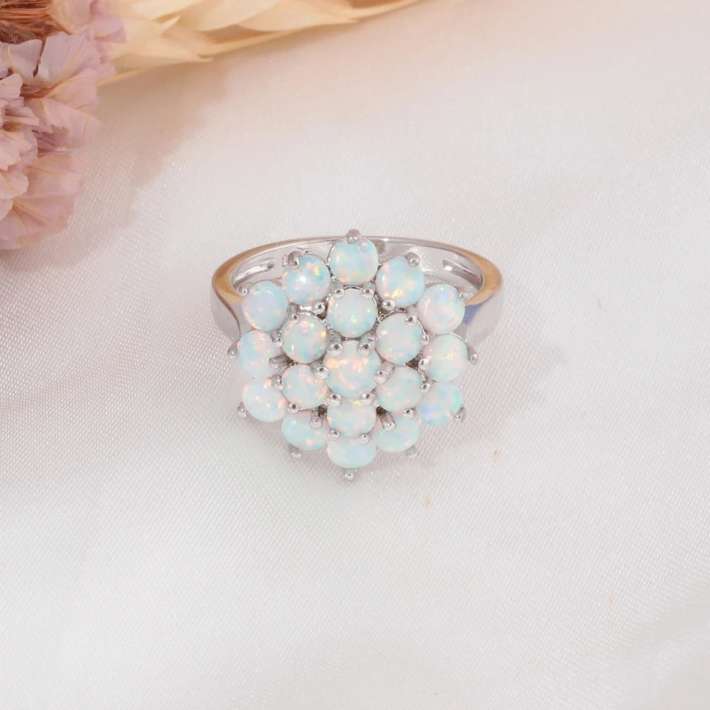 White Fire Opal Cluster Ring Silver Plated | 19-Stone Floral Opal Statement Ring | October Birthstone Gift for Her