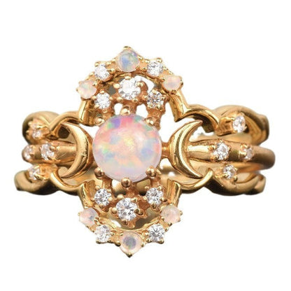 Star Moon Golden Three-Piece Opal Ring Set | Celestial Opal Stacking Rings | October Birthstone Gift for Her
