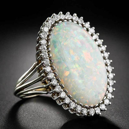 Large Oval Opal Halo Statement Ring in Sterling Silver | Bold Opal Halo Ring | October Birthstone Gift for Her
