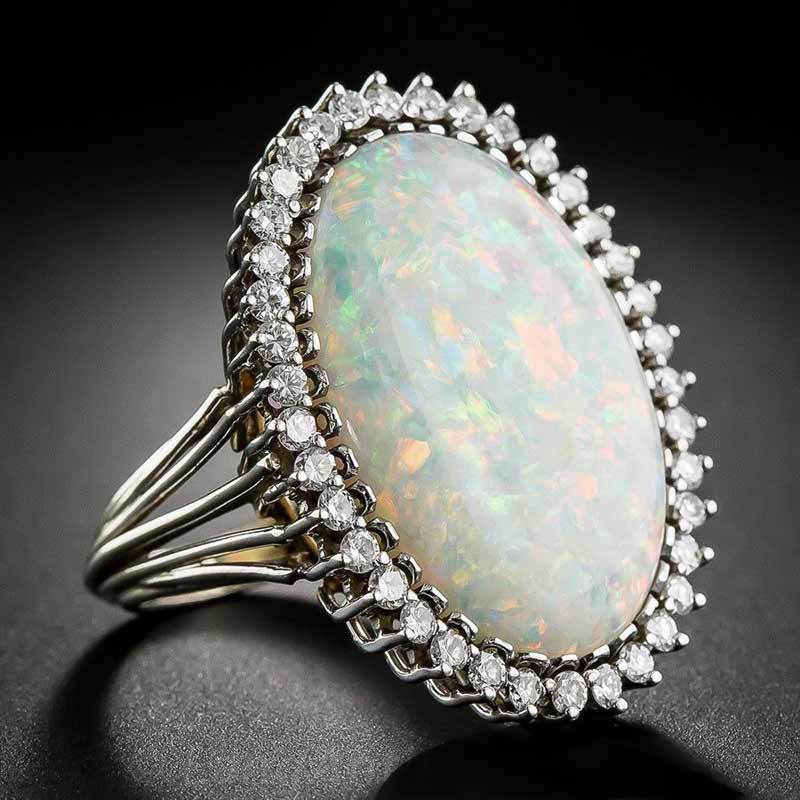 Large Oval Opal Halo Statement Ring in Sterling Silver | Bold Opal Halo Ring | October Birthstone Gift for Her