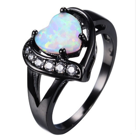 Heart Fire Opal Ring in Black Gold Plated 925 Sterling Silver | Promise and Engagement Ring Gift for Her