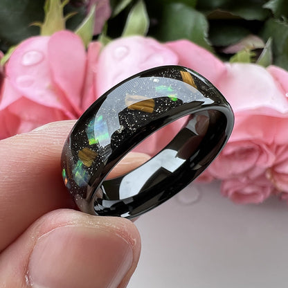 8mm Galaxy Broken Opal Inlay Tungsten Ring | Black Tungsten Wedding Band | Anniversary Gift for Him and Her