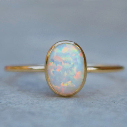 Oval Opal Ring in Gold-Plated 925 Sterling Silver | Minimalist October Birthstone Ring Gift for Her