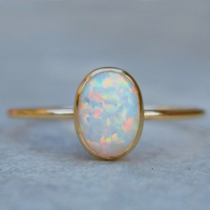 Oval Multi Fire White Opal Ring in Gold | Vibrant White Opal Gold Ring | October Birthstone Gift for Her