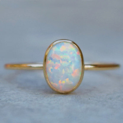 Oval Multi Fire White Opal Ring in Gold | Vibrant White Opal Gold Ring | October Birthstone Gift for Her