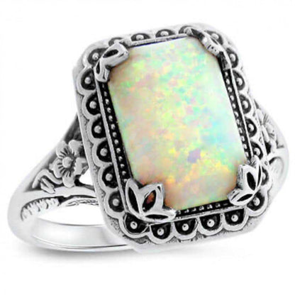 Rectangle Opal Ring in Sterling Silver | Vintage Opal Gemstone Ring | October Birthstone Gift for Her