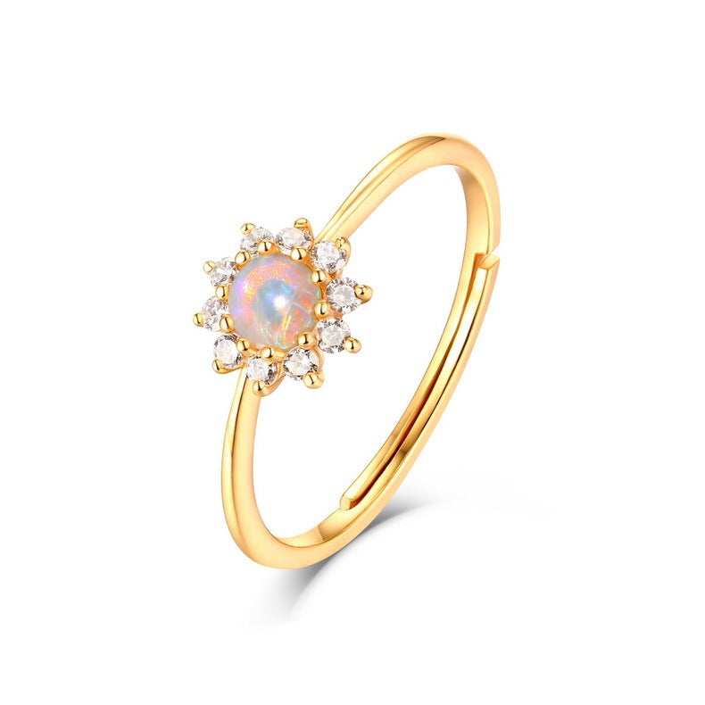 White Opal Sunflower Ring in 9K Gold | Floral Opal Gold Ring | October Birthstone Luxury Gift for Her