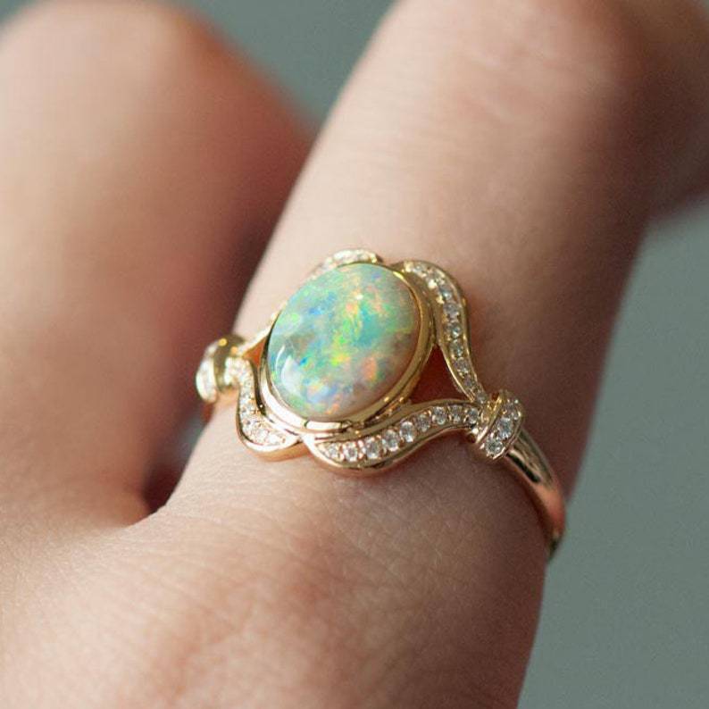 White Gold Inlaid Opal Ring in Sterling Silver | Elegant White Gold Opal Gemstone Ring | October Birthstone Gift for Her
