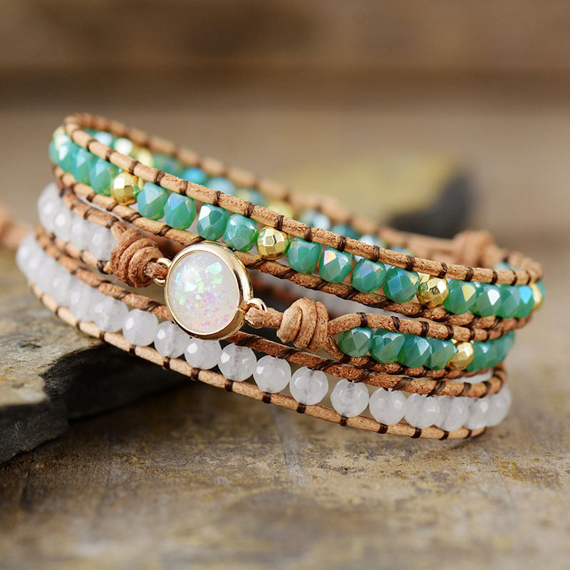 Opal Stone & Crystal 3-Layer Wrap Bracelet