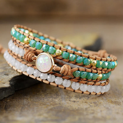 Opal Stone & Crystal 3-Layer Wrap Bracelet