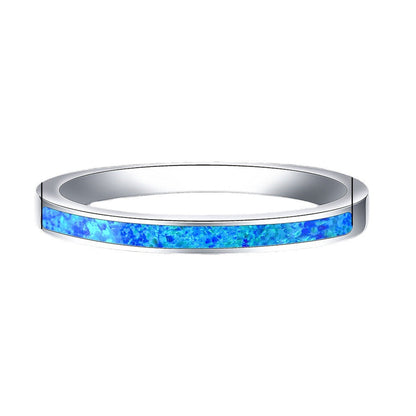 White and Blue Opal Inlay Silver Band Ring | Opal Wedding Band Gift for Her | October Birthstone Ring