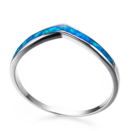 Chevron Blue Fire Opal Ring in 925 Sterling Silver | V Shape Stackable Opal Band | October Birthstone Gift for Her