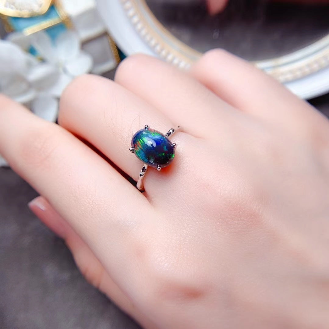 Delicate Mosaic Natural Black Opal Ring in 925 Sterling Silver | Rare Black Opal Ring | October Birthstone Gift for Her