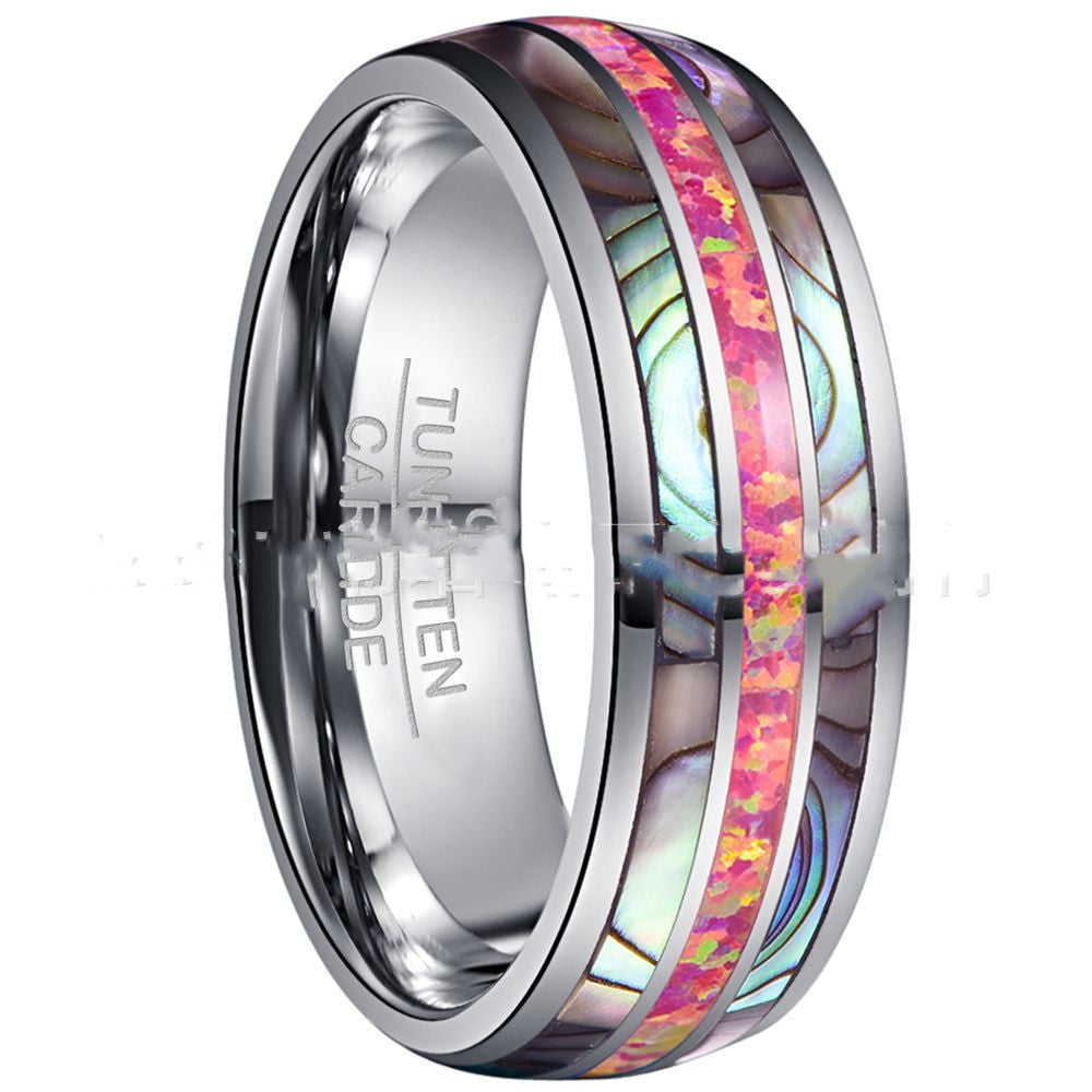 Opal Tungsten Ring 8mm | Multicolor Opal Inlay Black Tungsten Wedding Band | Anniversary Gift for Her and Him