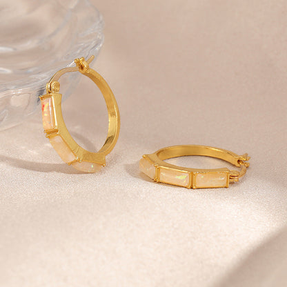 Baguette Opal Hoop Earrings, White Fire Opal Huggie Hoops, October Birthstone Gift for Her, Bridal Jewelry
