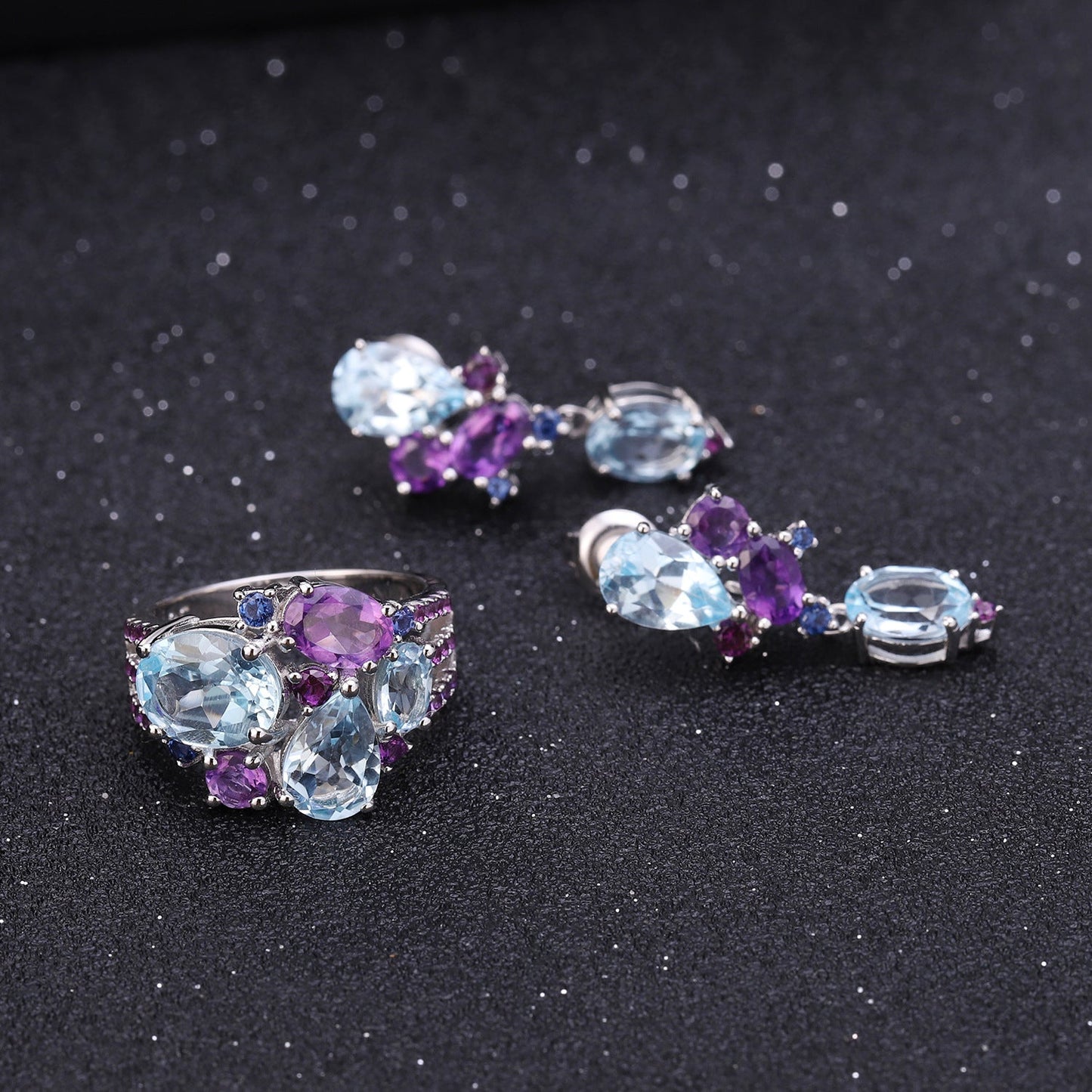 Sky Blue Topaz & Amethyst Drop Earrings 925 Sterling Silver, Natural Gemstone Dangle Earrings, Bridal Statement Jewelry Gift for Her