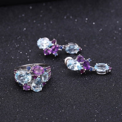 Sky Blue Topaz & Amethyst Drop Earrings 925 Sterling Silver, Natural Gemstone Dangle Earrings, Bridal Statement Jewelry Gift for Her