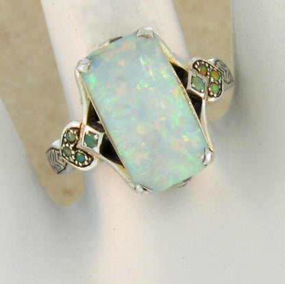 Square White Multi Fire Opal Ring in Antique Silver | Vintage Statement Opal Ring | October Birthstone Gift for Her