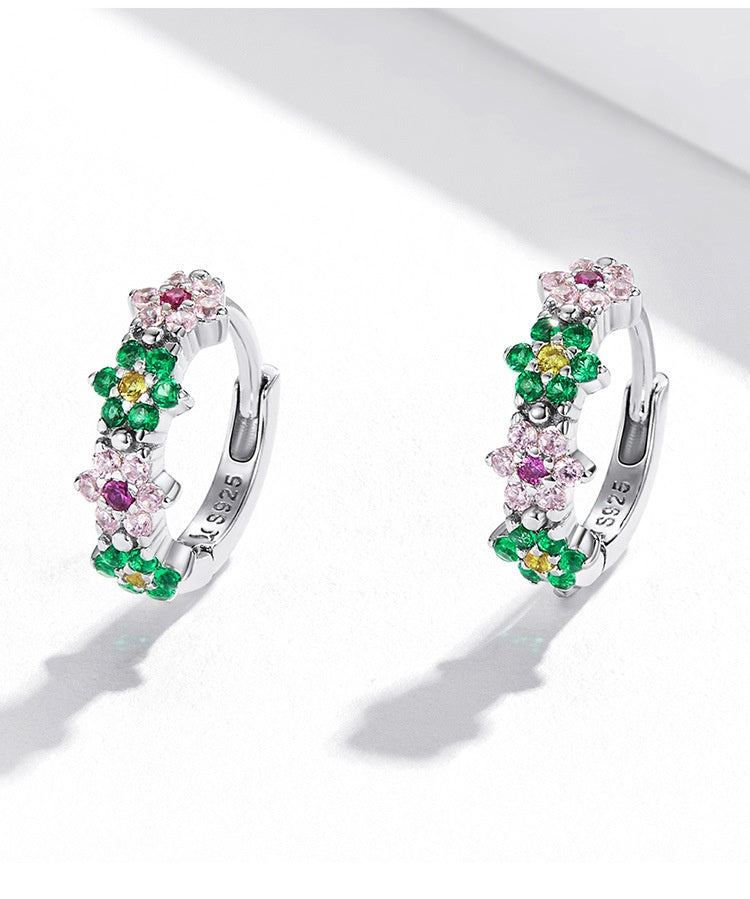 Sterling Silver Flower Hoop Earrings S925, Delicate Floral Zircon Huggie Earrings, White Gold Plated Bridal Jewelry Gift for Her