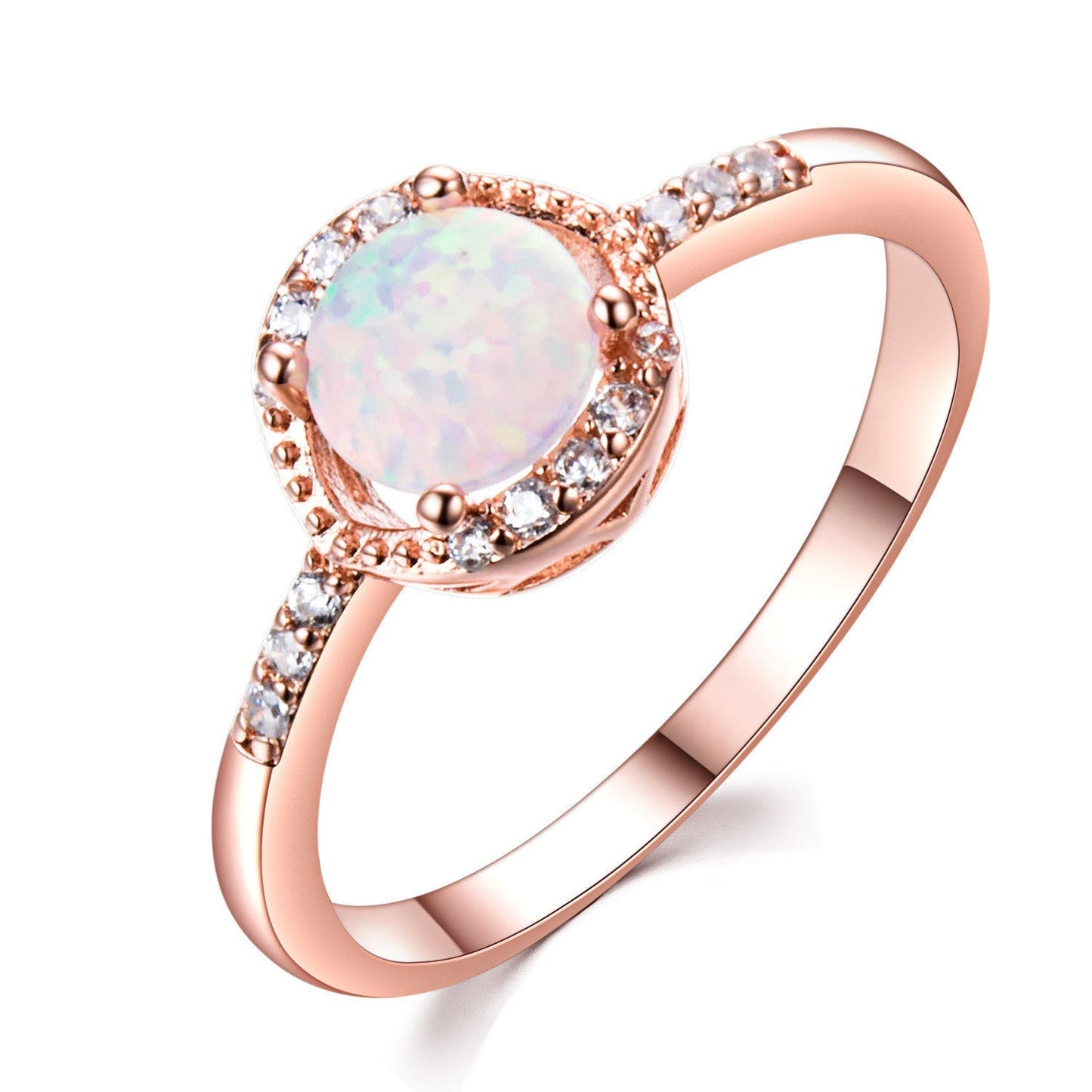 Round Opal and Zircon Ring in Rose Gold | Sparkling Opal Zircon Ring | October Birthstone Gift for Her